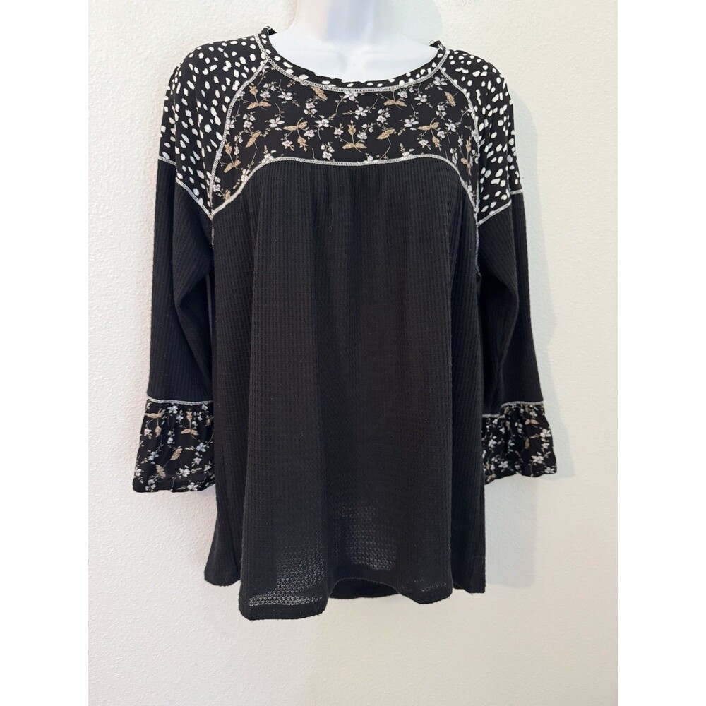 RxB Top Blouse M Floral Waffle Knit Mixed Media Black 3/4 Sleeve Boho